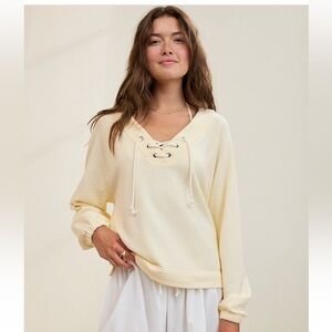 Aerie yellow lace up Women's Popover Cozy Sweatshirt Size Large NWT